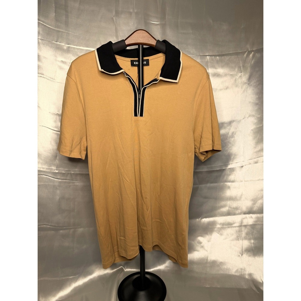Express Tan Polo Shirt Contrast Collar Zip Front Minimalist Athleisure Top‎ S
